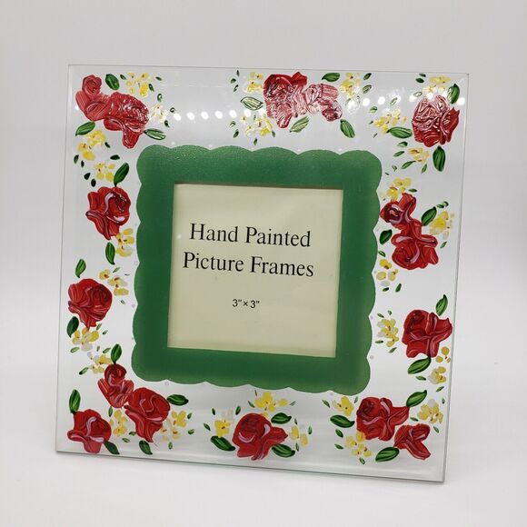 Square Beveled Glass Picture Frame w Hand Painted Red Roses Floral Enamel Table - Picture 1 of 8